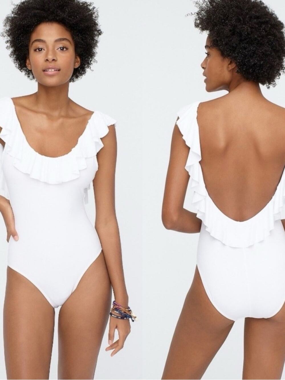 NWT J. CREW Preppy White Scoop Neck Scoopback Ruffle One Piece Swimsuit 12